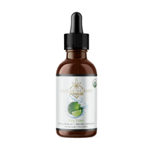 Clear glass bottle containing 30 ml of Nature's Candy Shop's key lime flavored organic CBD tincture