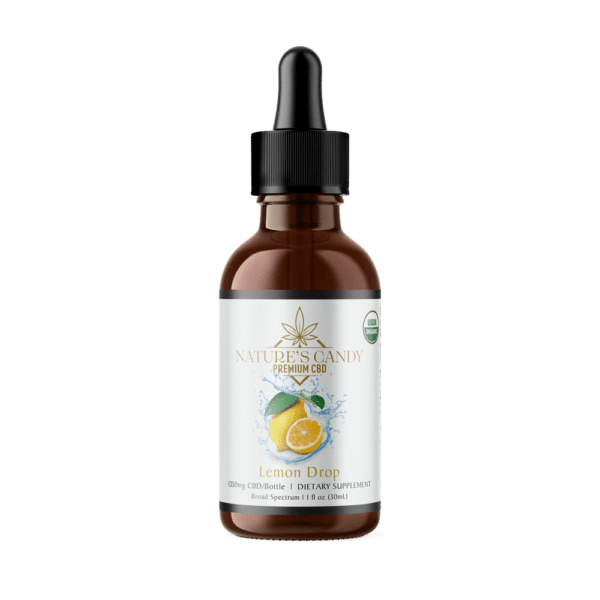 organic CBD tincture in lemon drop flavor from Nature's Candy Shop in a see-through bottle in a transparent block.