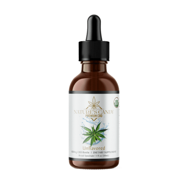 Unflavored CBD oil in a transparent 30 ml bottle from Nature's Candy Shop in the transparent background