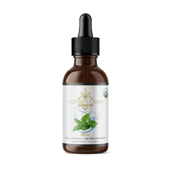 30 ml bottle of Nature's Candy Shop's mint flavored CBD tincture with transparent packaging in a transparent background.