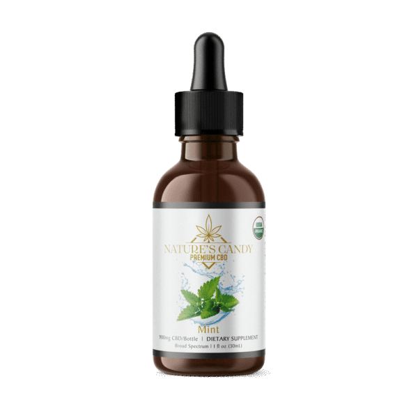 Nature's Candy Shop's organic CBD tincture of mint flavor in a clear glass bottle, the background is temporary.