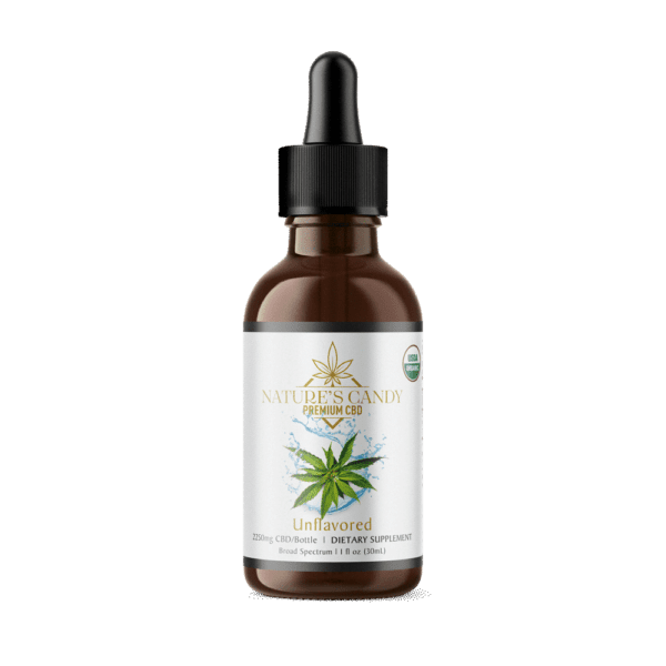 A 30 ml bottle of unflavored organic CBD tincture from the Nature's Candy Shop.