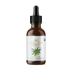 Clear bottle of organic CBD tincture from Nature's Candy Shop, contains 30 ml of unflavored taste in a transparent background image.
